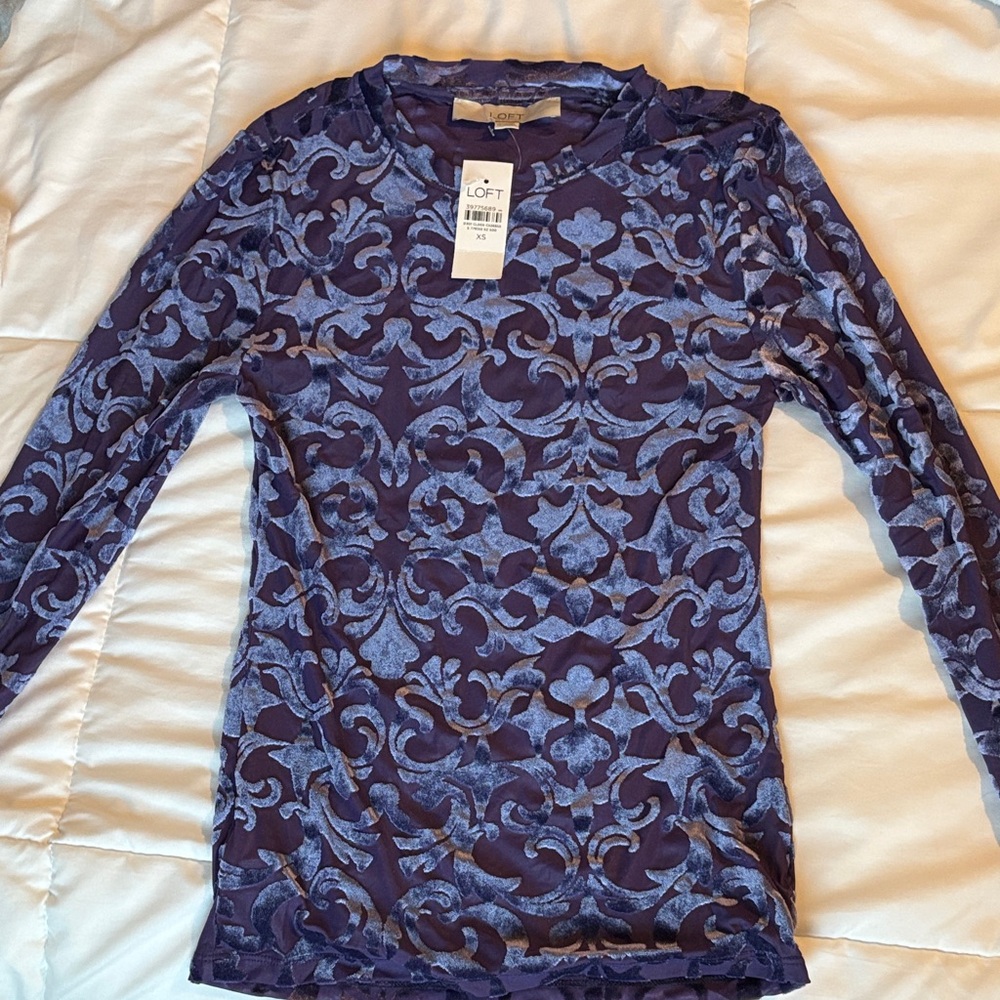 LOFT Purple and Lilac Burnout Velvet Long-Sleeve Top